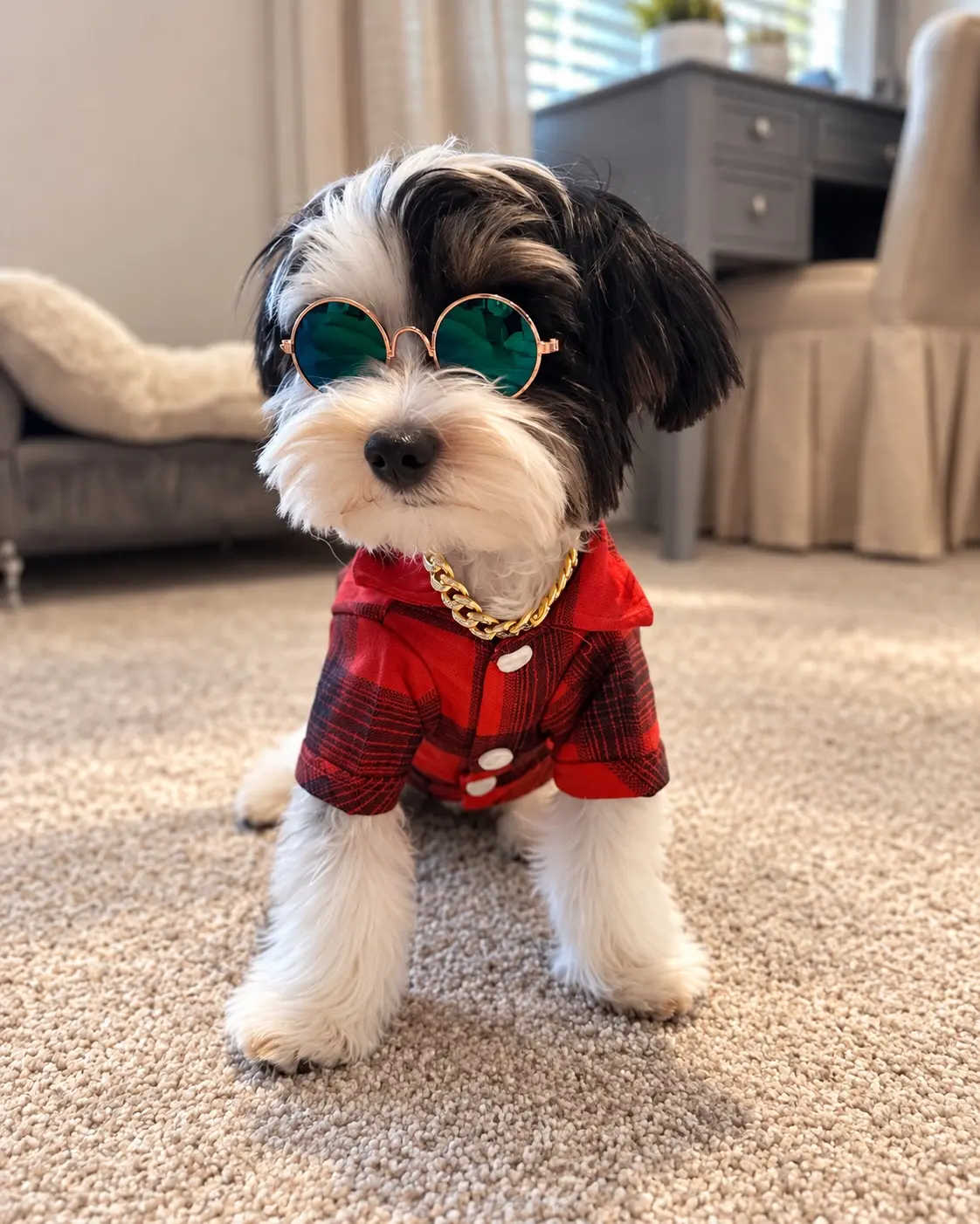 A black-and-white Yorkie from Penny and Puffer's previous litter wearing a red plaid shirt and sunglasses