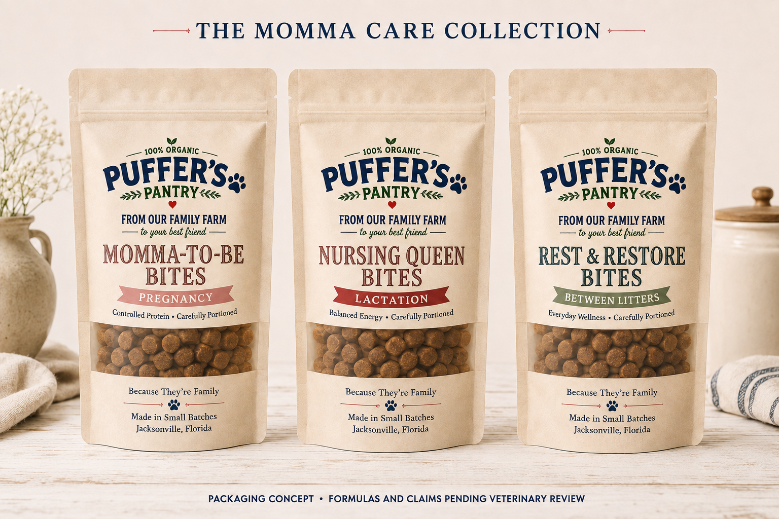 Concept artwork for Puffer's Pantry Momma Care Collection featuring Momma-to-Be Bites, Nursing Queen Bites, and Rest and Restore Bites