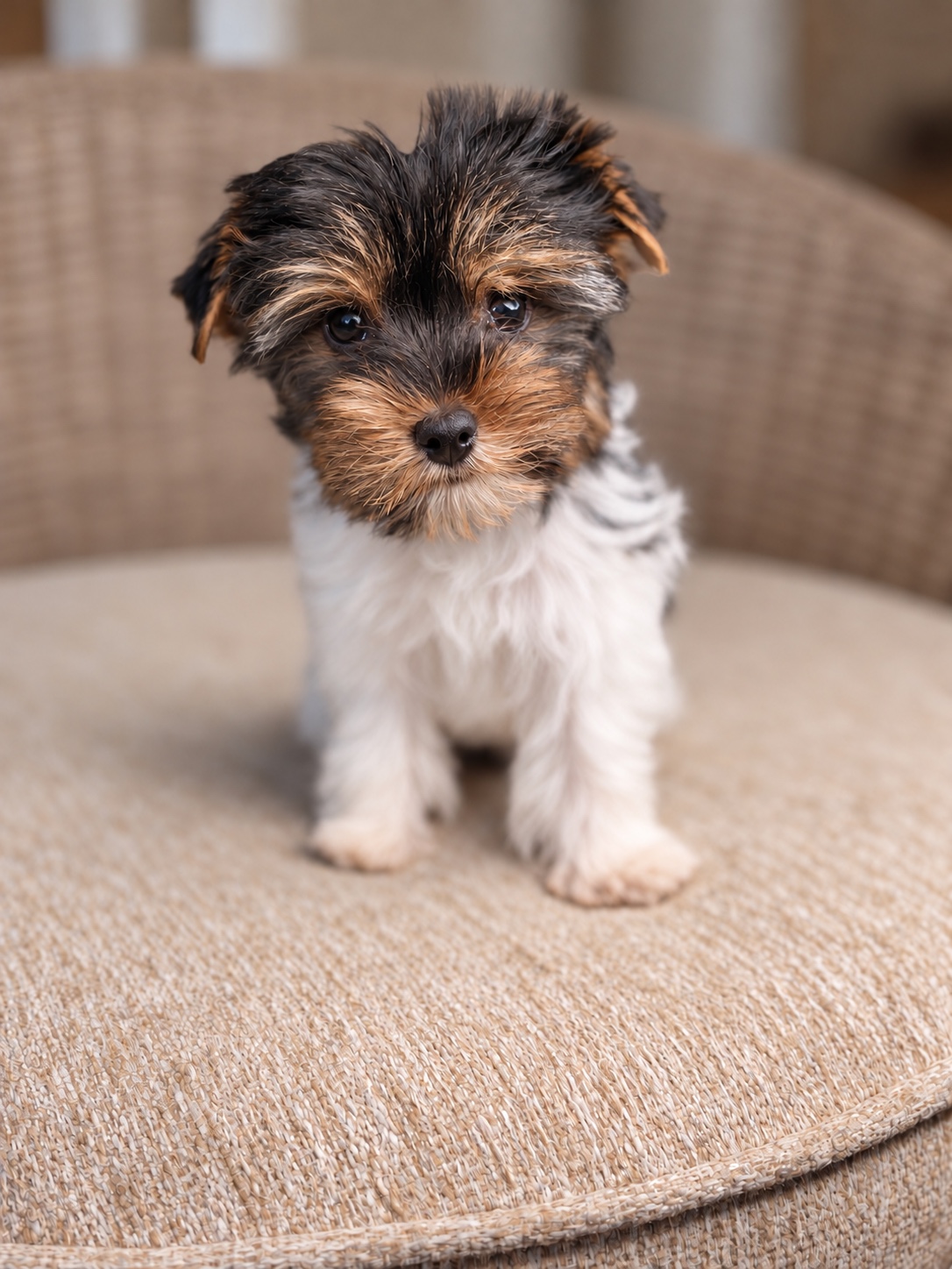 Oogie, a black & white parti Yorkie