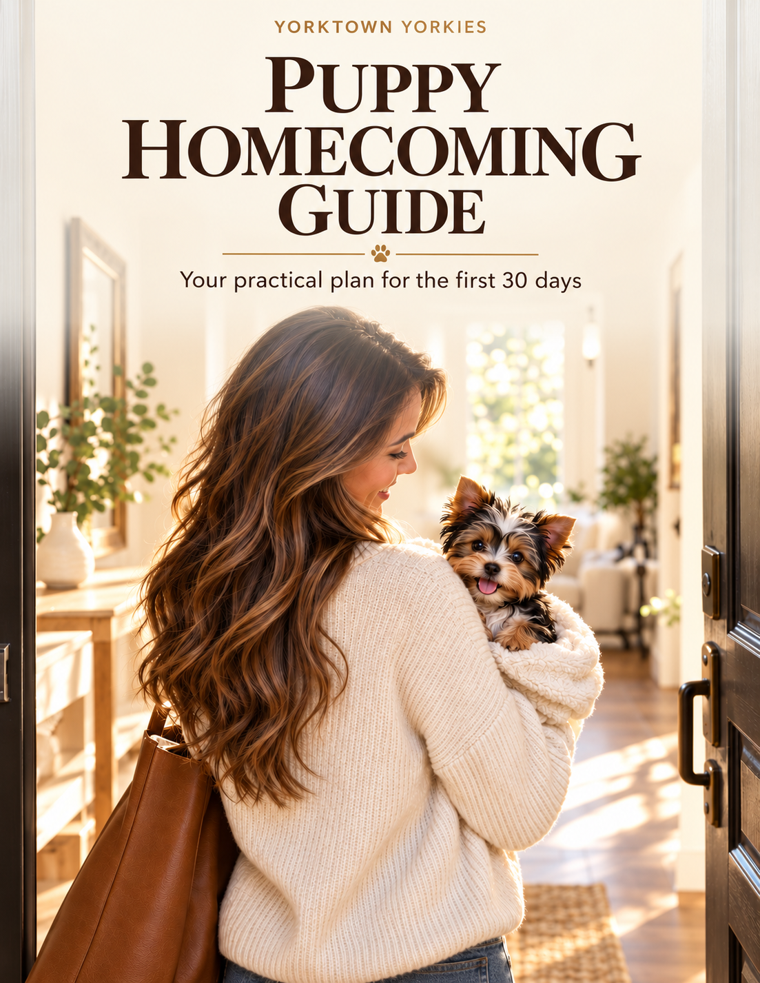 Puppy Homecoming Guide book cover featuring a woman bringing a Yorkie puppy home