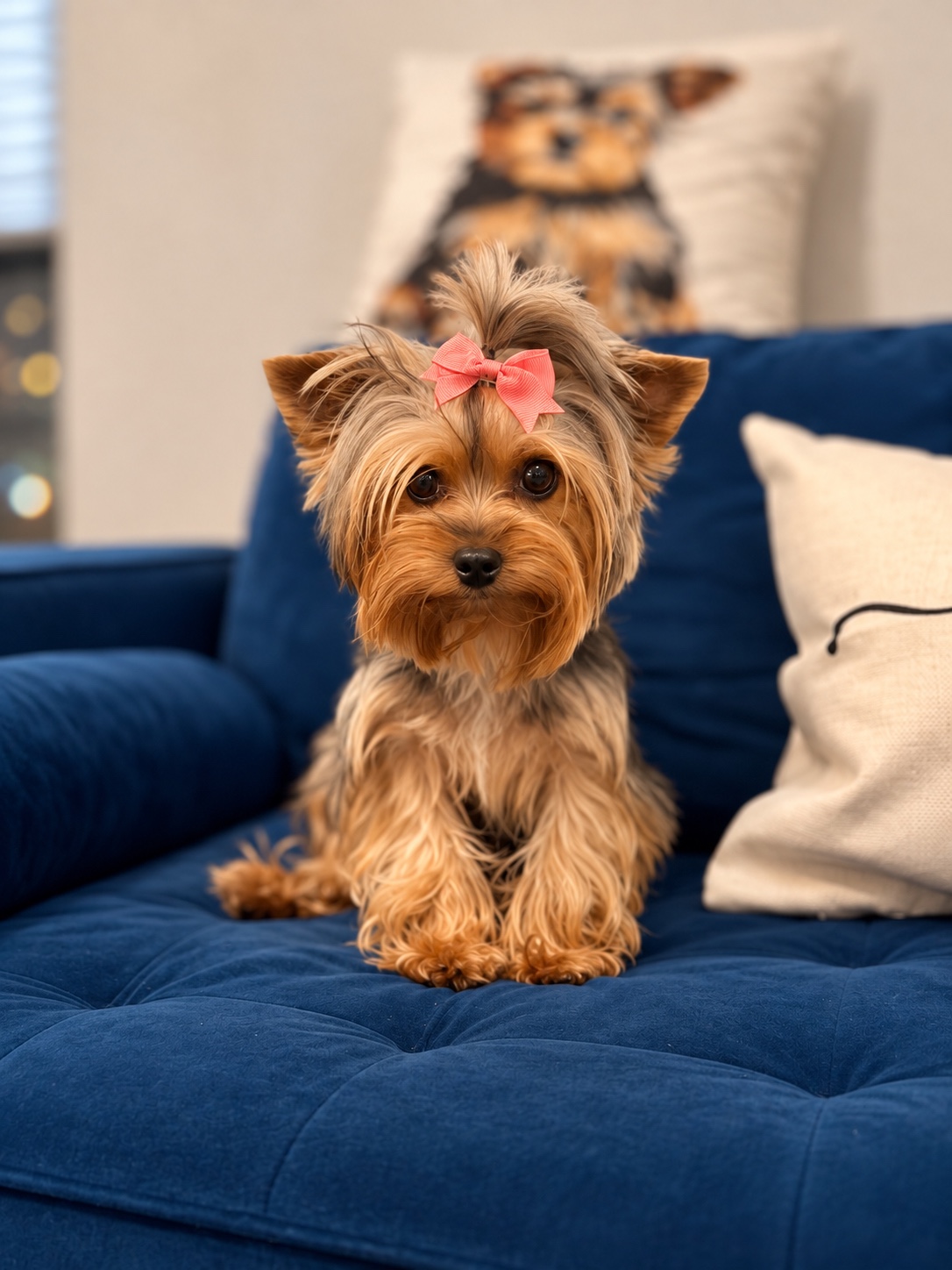 Violet, a classic Yorkshire Terrier wearing a pink bow, sitting on a blue velvet couch