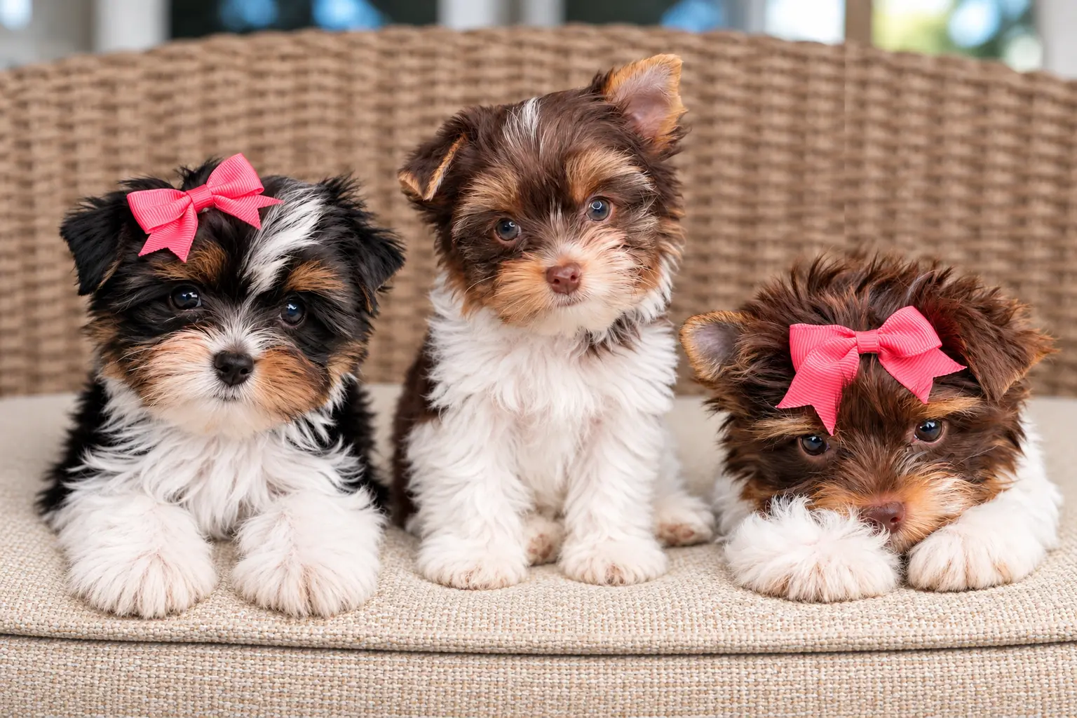Combined portrait of three Yorktown Yorkshire Terrier puppies on a wicker sofa, with two pink bows